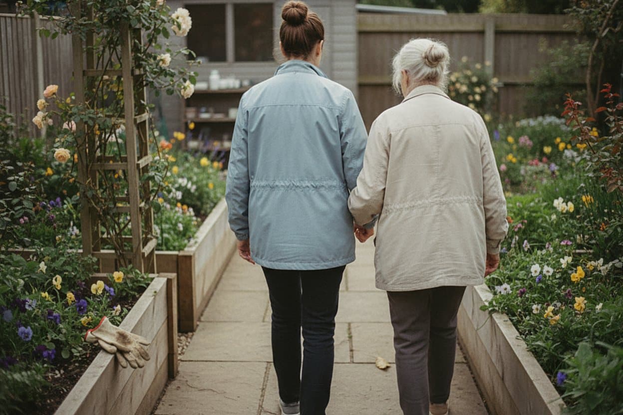 Elder and caregiver strolling through garden together