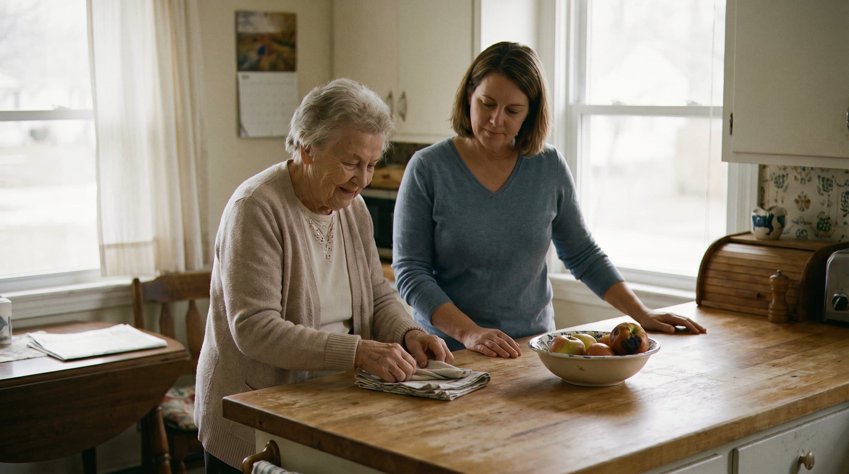Elder settled in reassuring kitchen environment