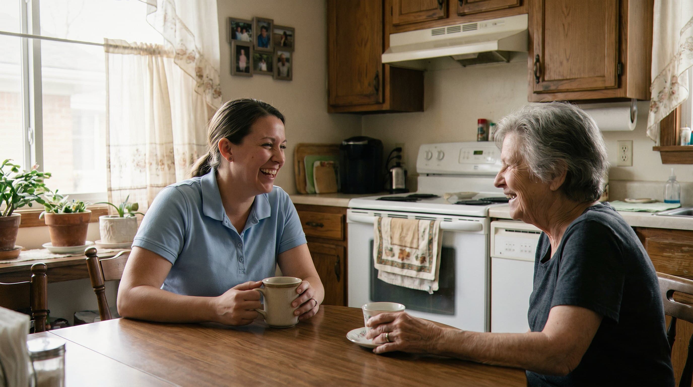 Elder sipping tea with attentive caregiver beside